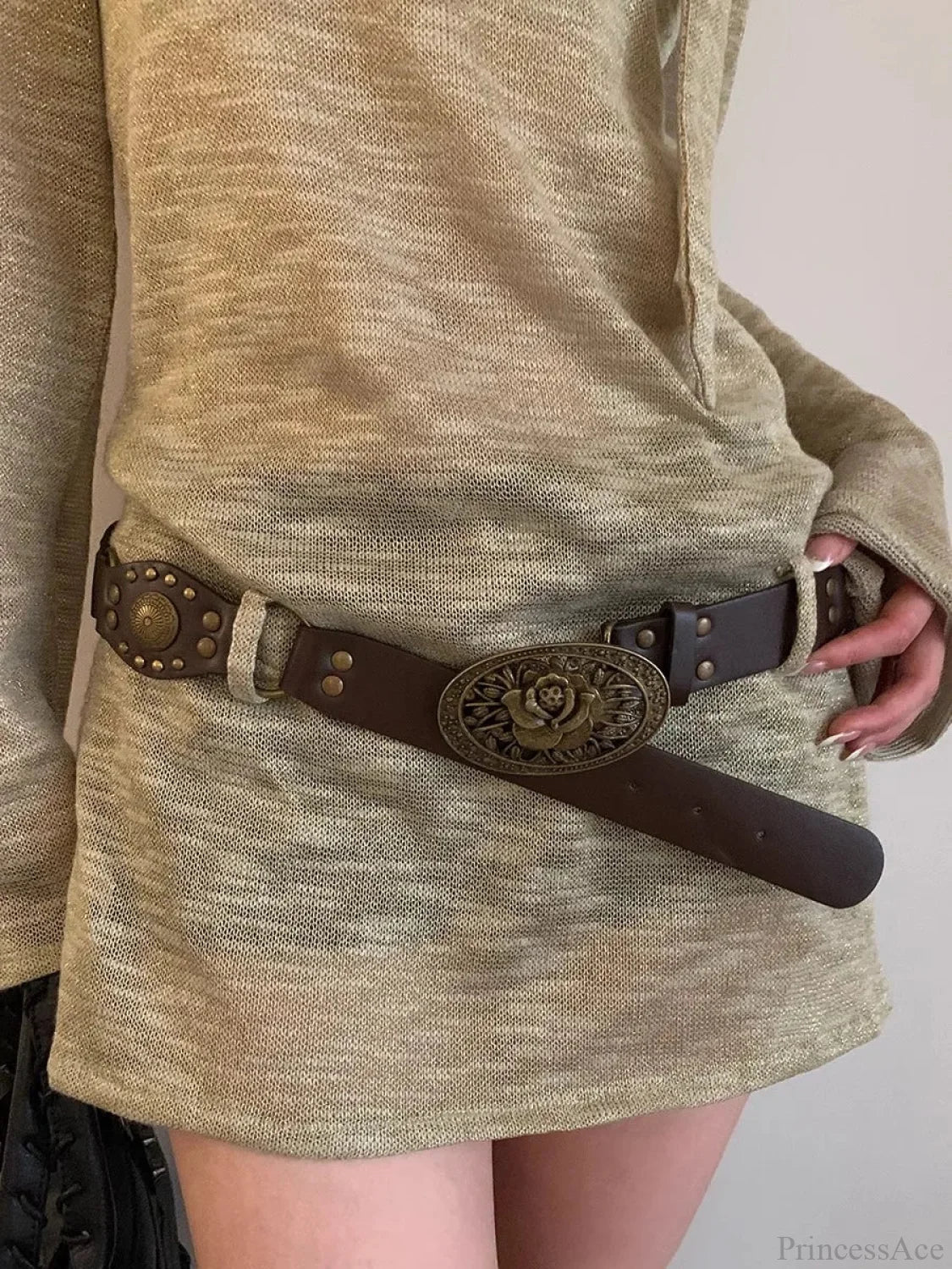 Vintage Y2K Dark Bohemian Wide Brown Belt Coffee / 105CM