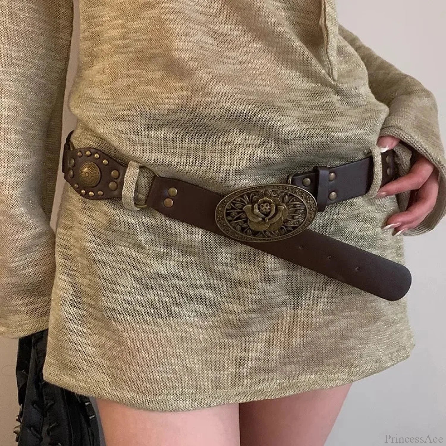 Vintage Y2K Dark Bohemian Wide Brown Belt Coffee / 105CM
