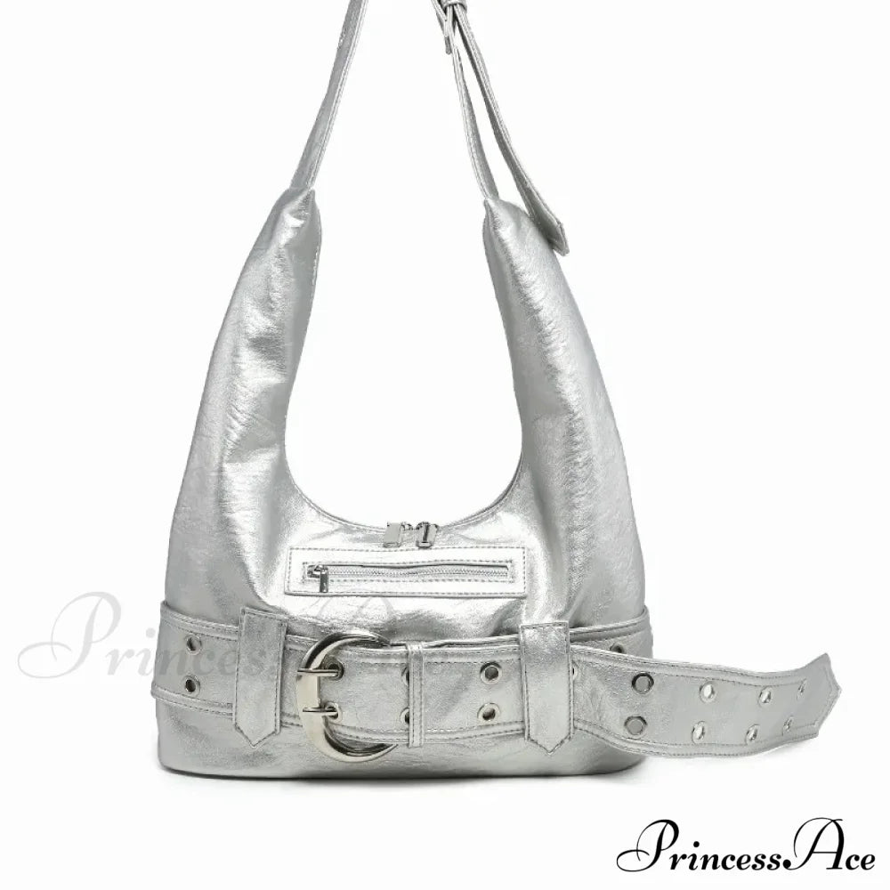 Vintage Y2K Gothic Aged Leather Fashion New Luxury Designer Bag Silver / 37X19X7Cm Halloween