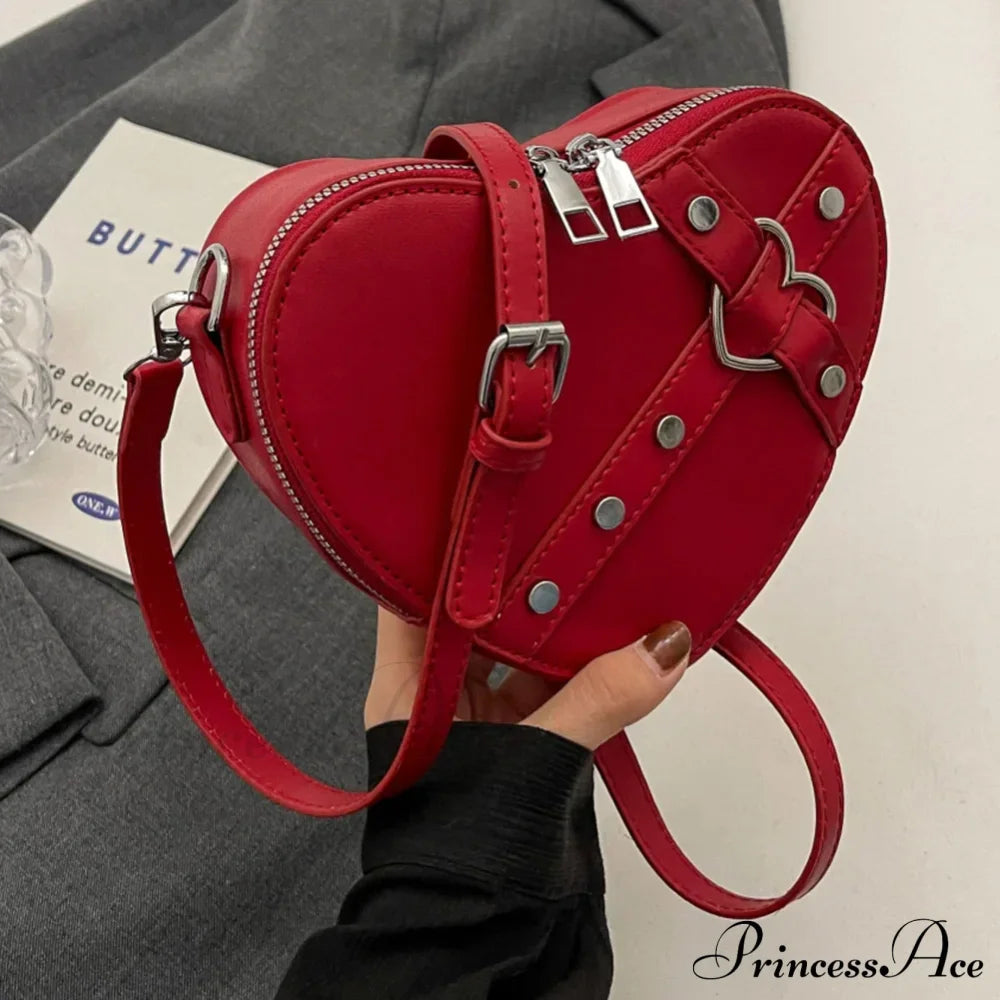 Vintage Y2K Small Chain Rivet Heart Shaped Red Pu Leather Bag Wine Halloween