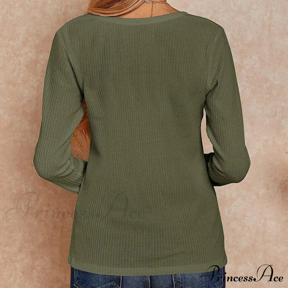 Waffle Neck Tops Knit Henley V For Women