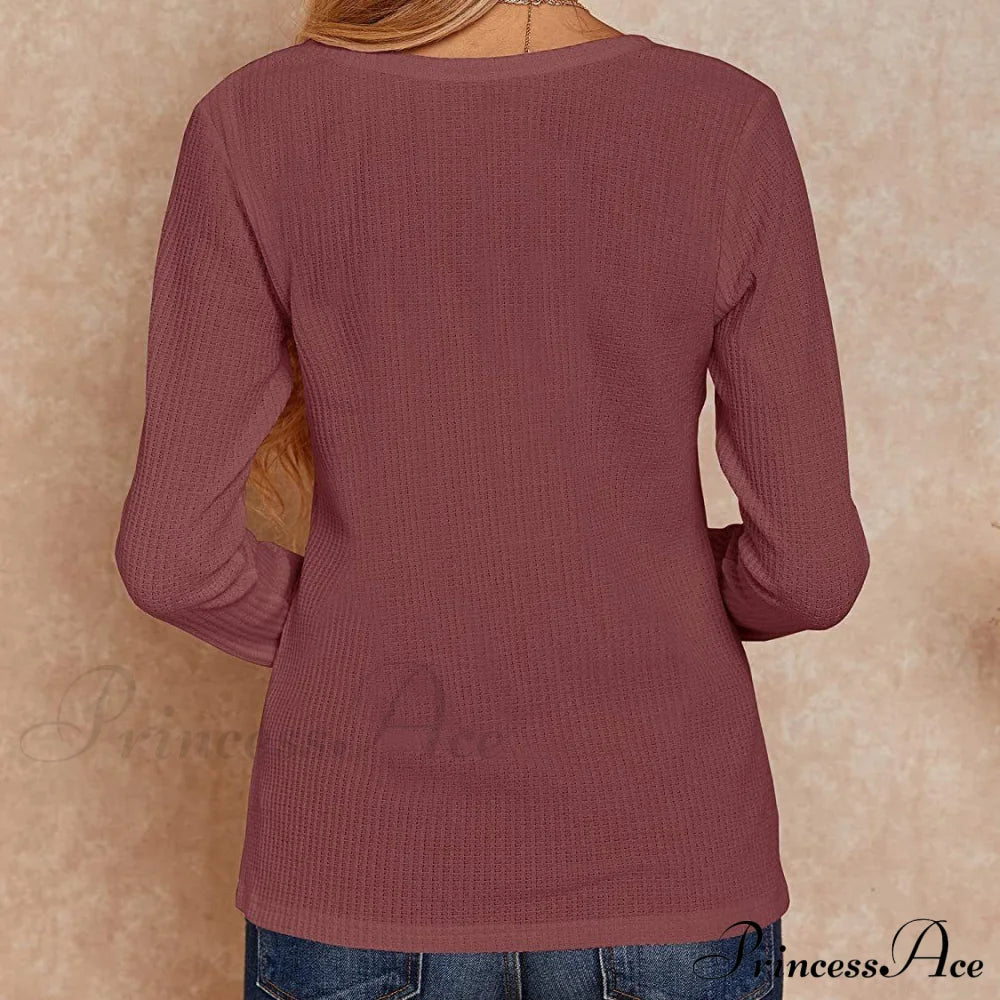 Waffle Neck Tops Knit Henley V For Women