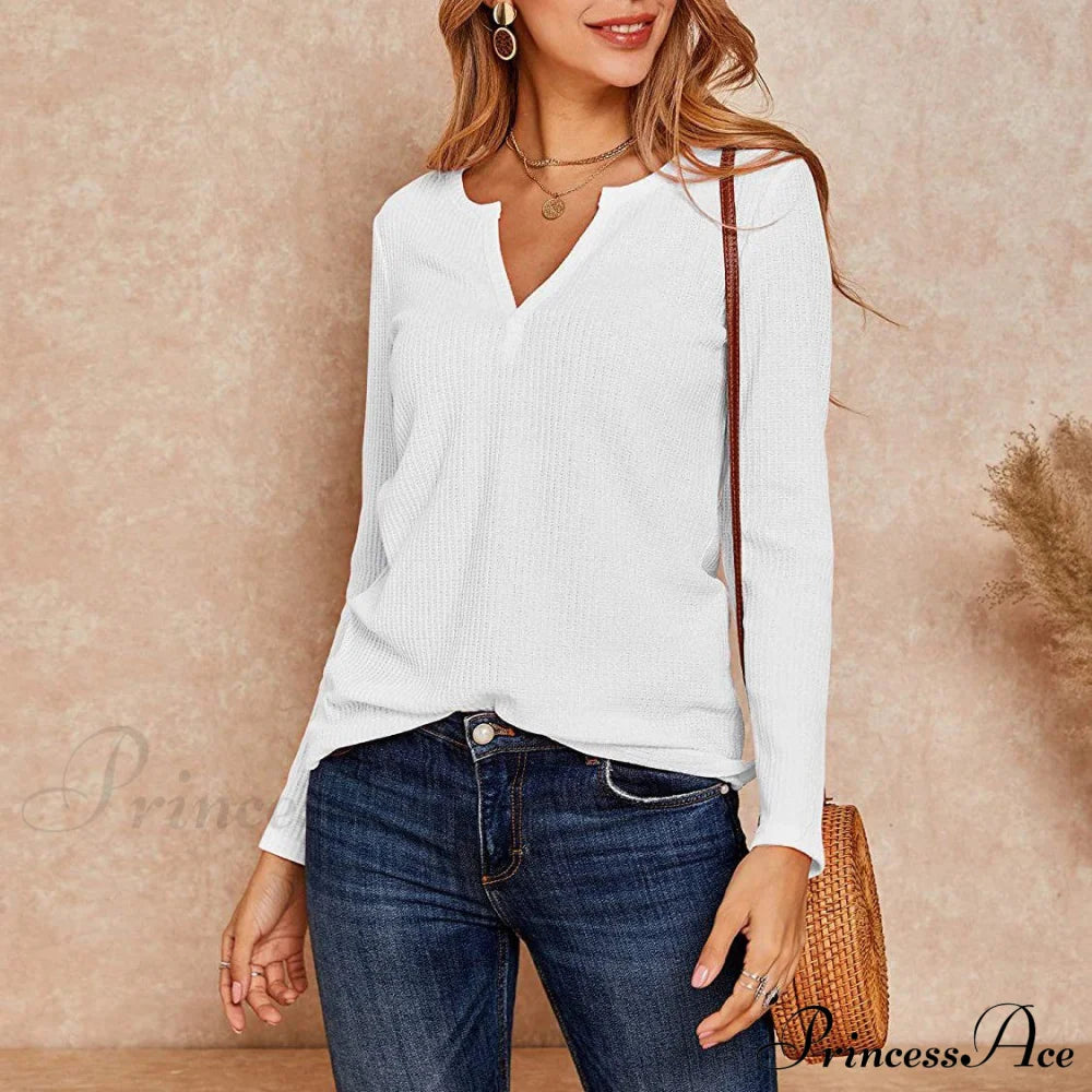 Waffle Neck Tops Knit Henley V For Women