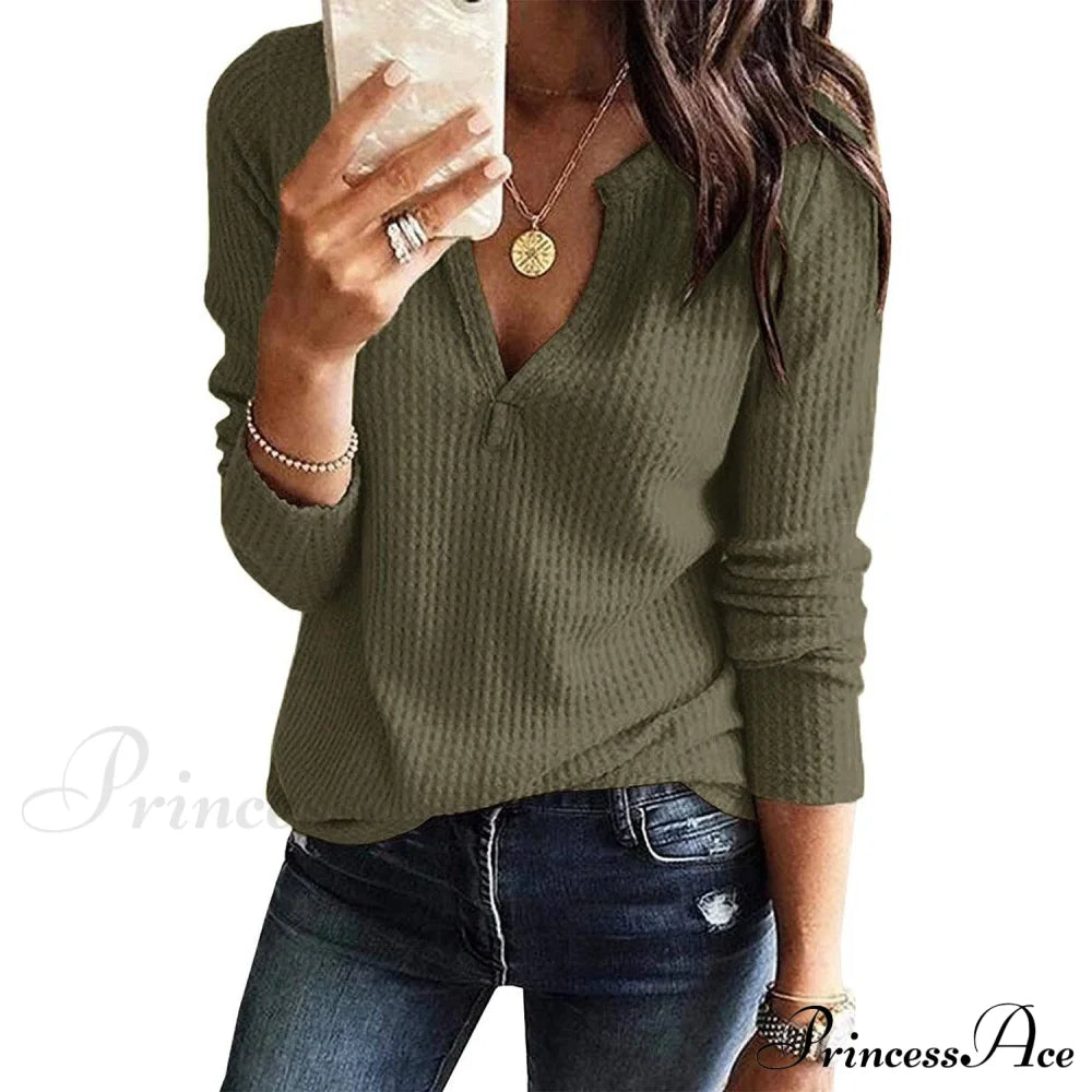 Women's V Neck Waffle Knit Henley Tops Army Green __stock:500 clothes refund_fee:800 tops