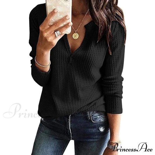 Women's V Neck Waffle Knit Henley Tops Black __stock:500 clothes refund_fee:800 tops