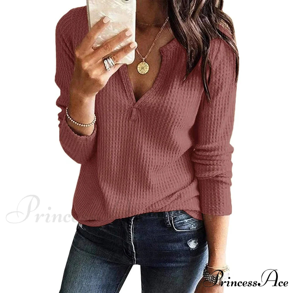 Women's V Neck Waffle Knit Henley Tops Brick __stock:500 clothes refund_fee:800 tops