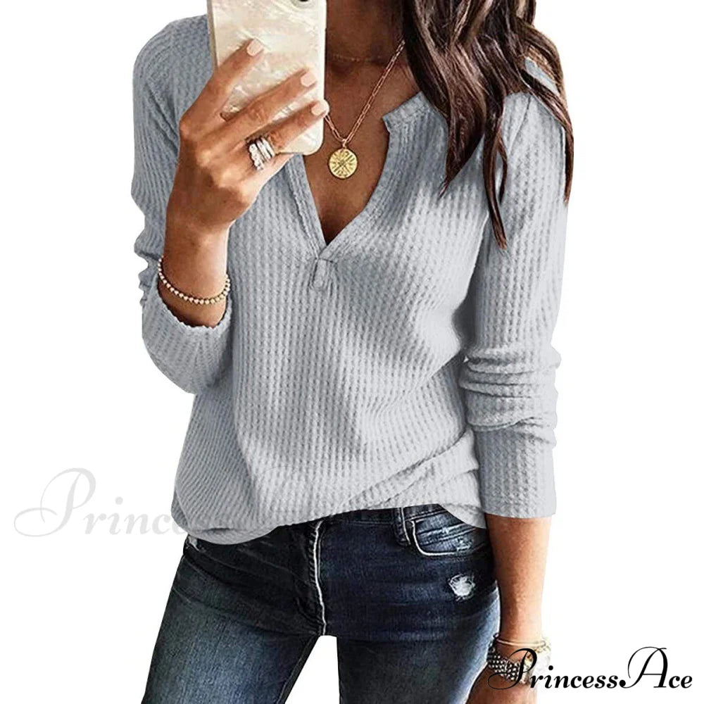 Women's V Neck Waffle Knit Henley Tops Gray __stock:500 clothes refund_fee:800 tops