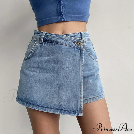 Waist A Line Denim With Light Wash Two Piece Design Chic Slimming Short Blue / S