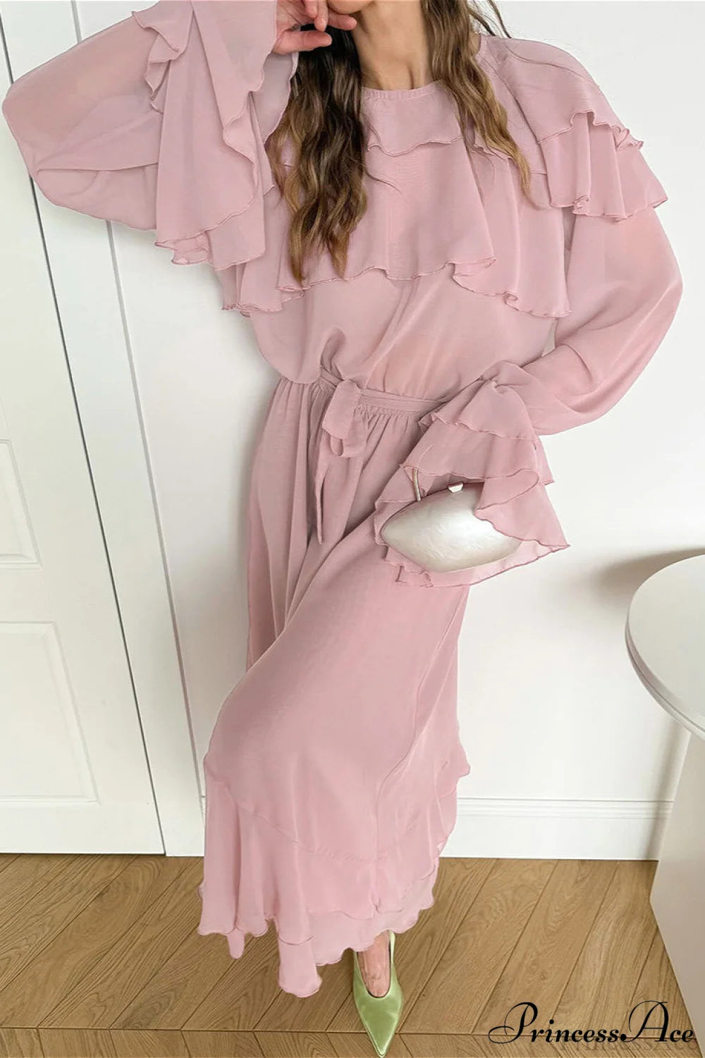 Waist Cinch Ruffled Semi Sheer Elegant Maxi Dress