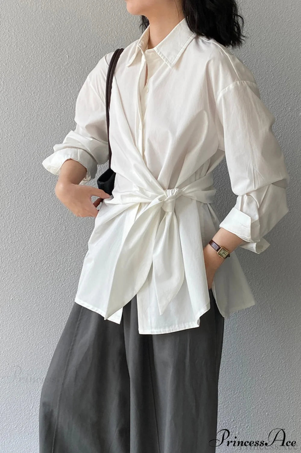 Waist Collared Mid-Length Office Blouse