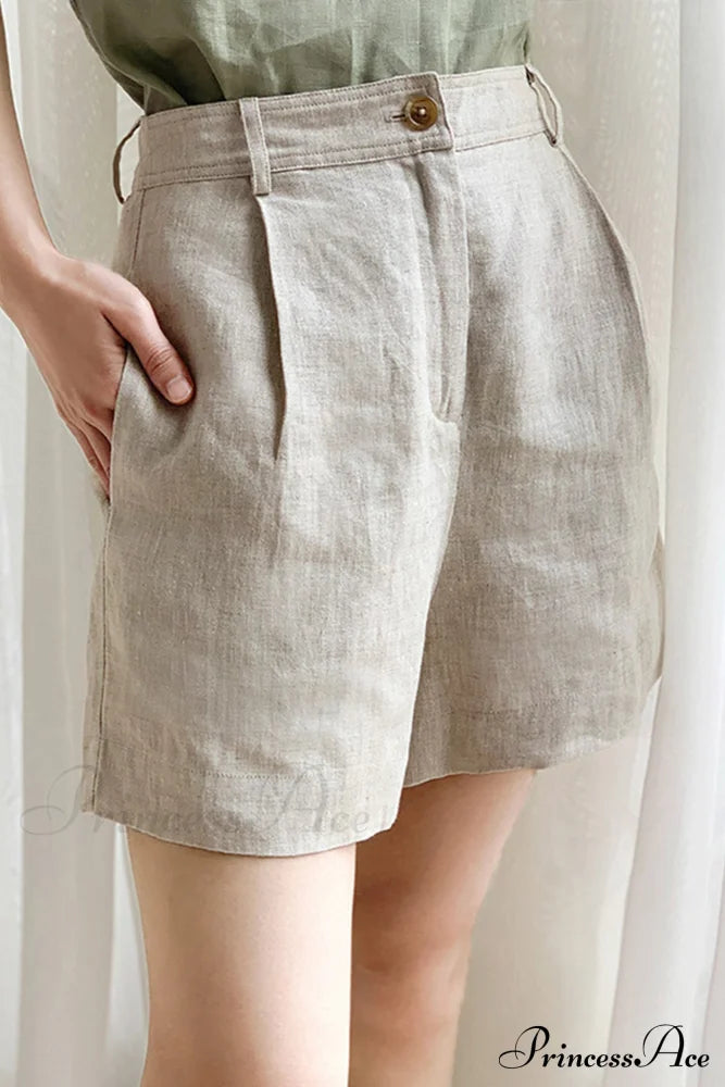 Waist High Linen Shorts Beige / S