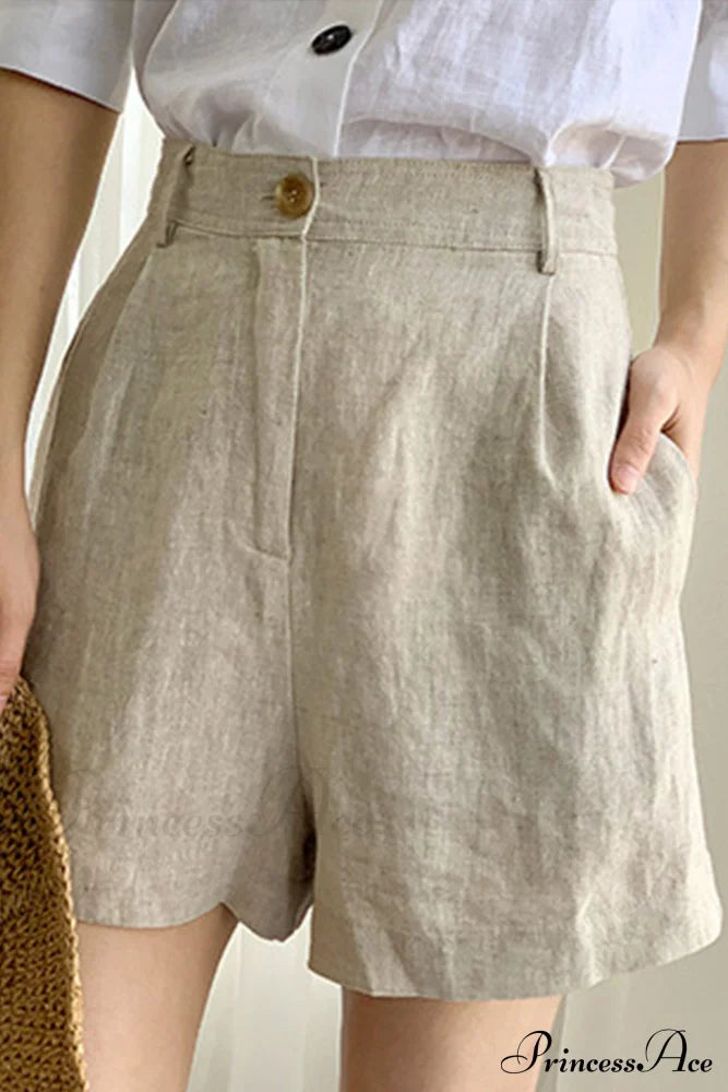 Waist High Linen Shorts Beige / Xl