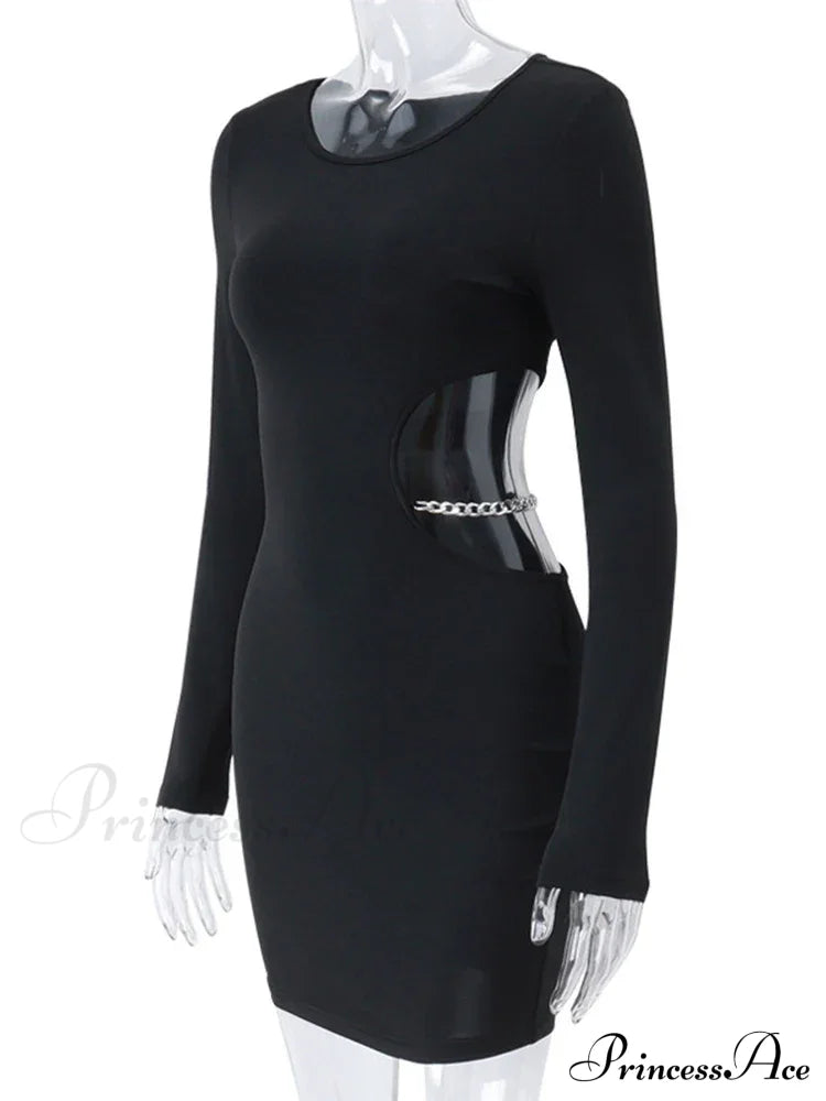 Waist Hollowed Black Long Sleeves Mini Dress