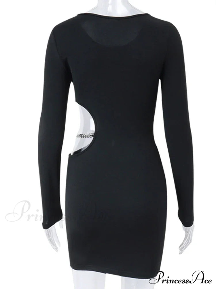 Waist Hollowed Black Long Sleeves Mini Dress