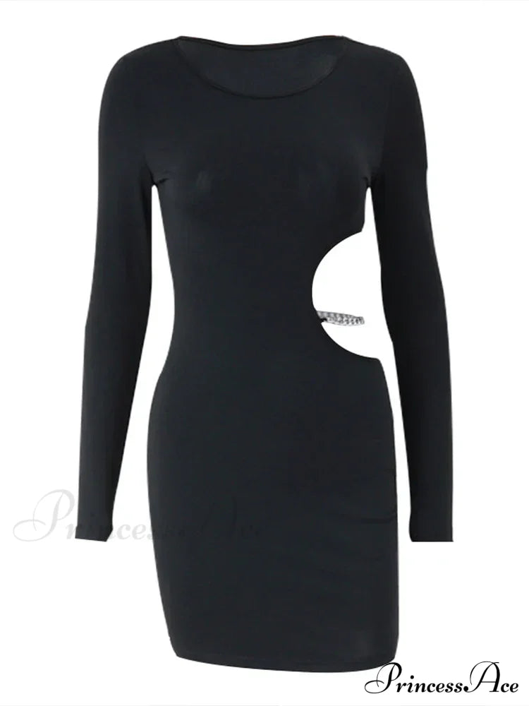 Waist Hollowed Black Long Sleeves Mini Dress