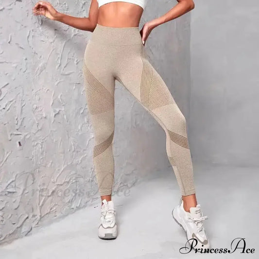 Waist Striped Mesh Fitness Outdoor Running Legging Khaki / S