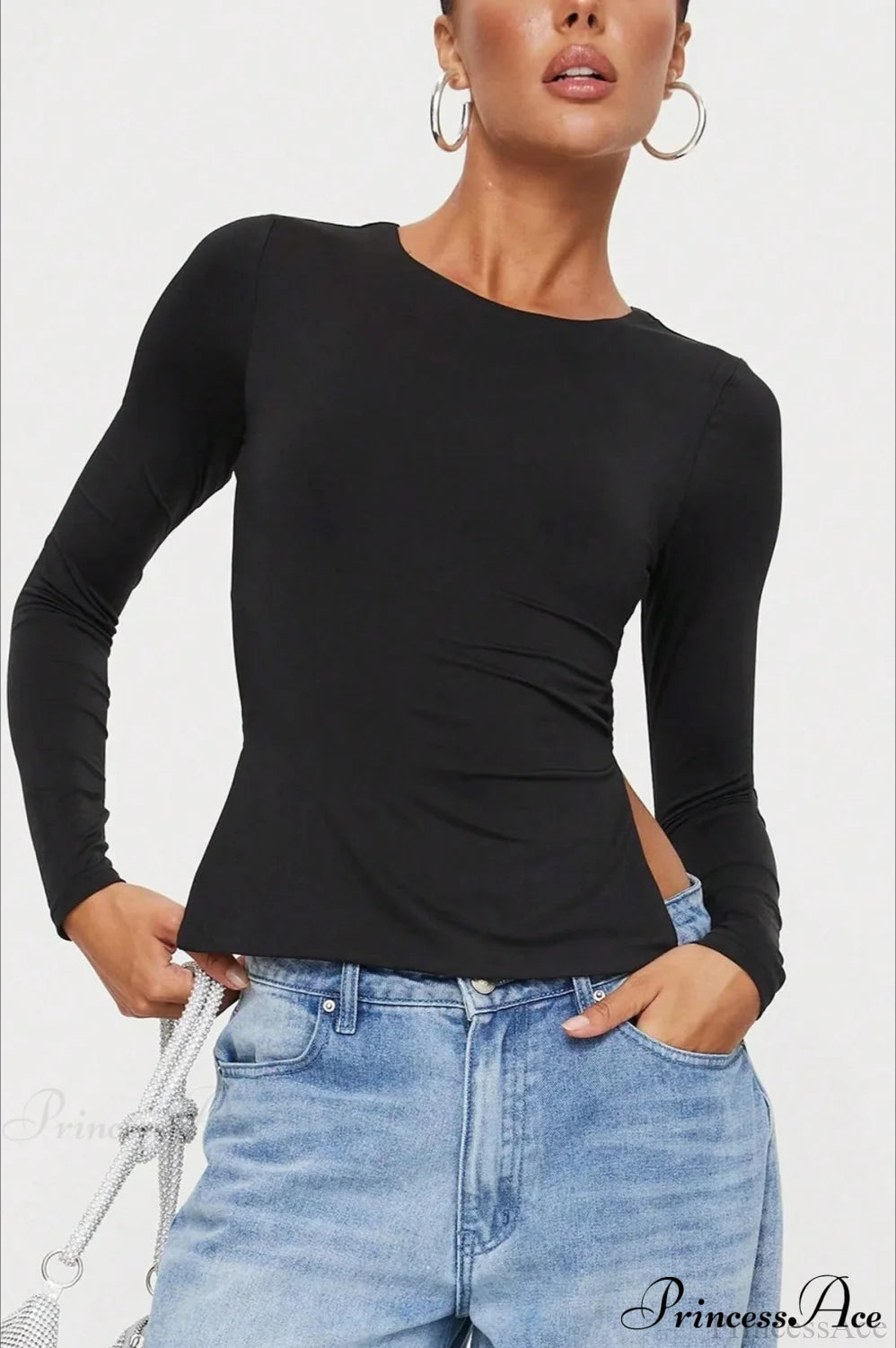 Waist-Tie Solid Color Crew Neck Long-Sleeve Cropped Knit Top