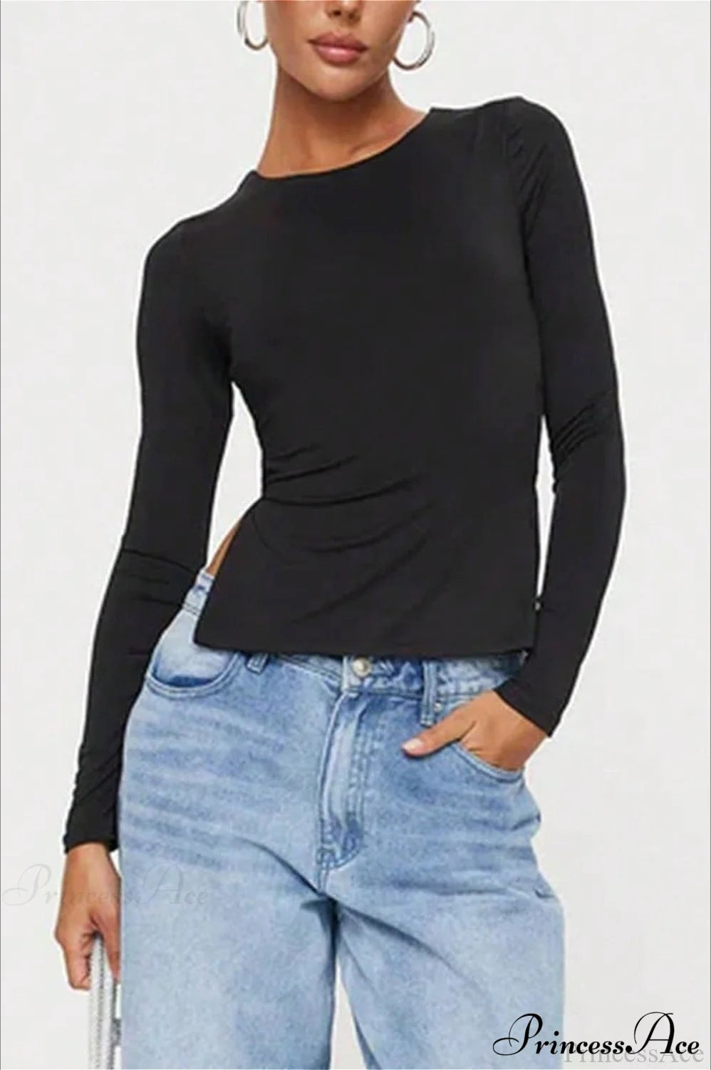 Waist-Tie Solid Color Crew Neck Long-Sleeve Cropped Knit Top
