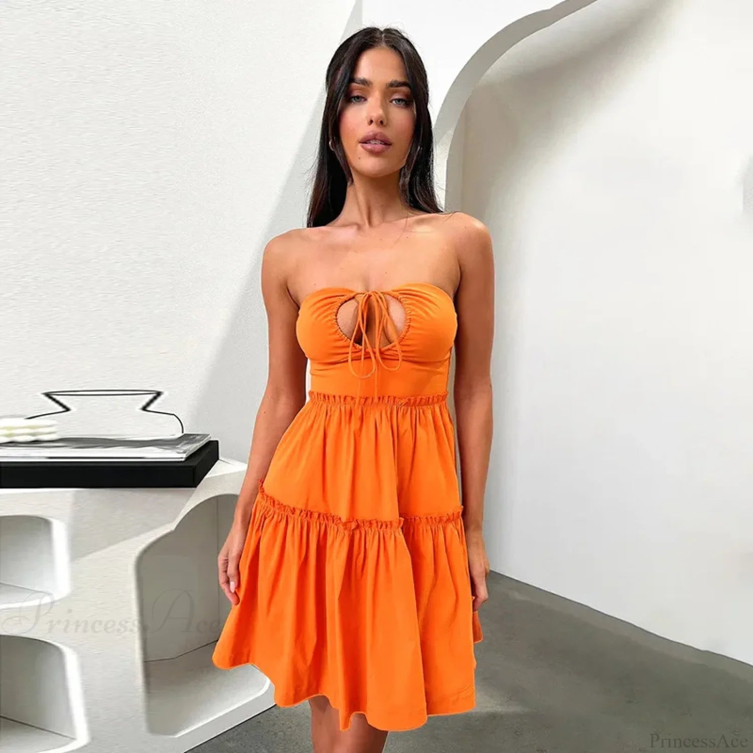 Waist Wrap A-line Pleated Vacation Dress Orange / S vacationdress-250223