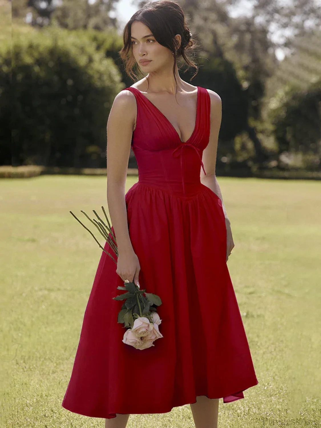 Waist Wrap Print A-line Vacation Dress Red / S vacationdress-250223