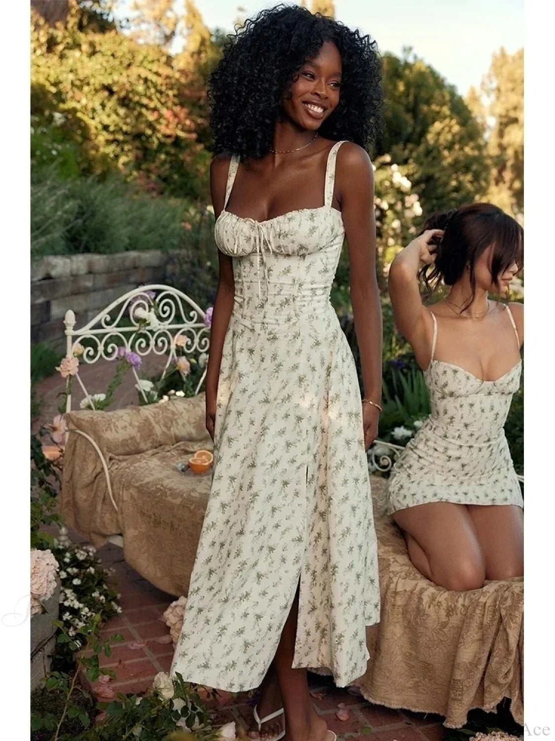 Waist Wrap Spaghetti Strap Print Floral Dress green / S