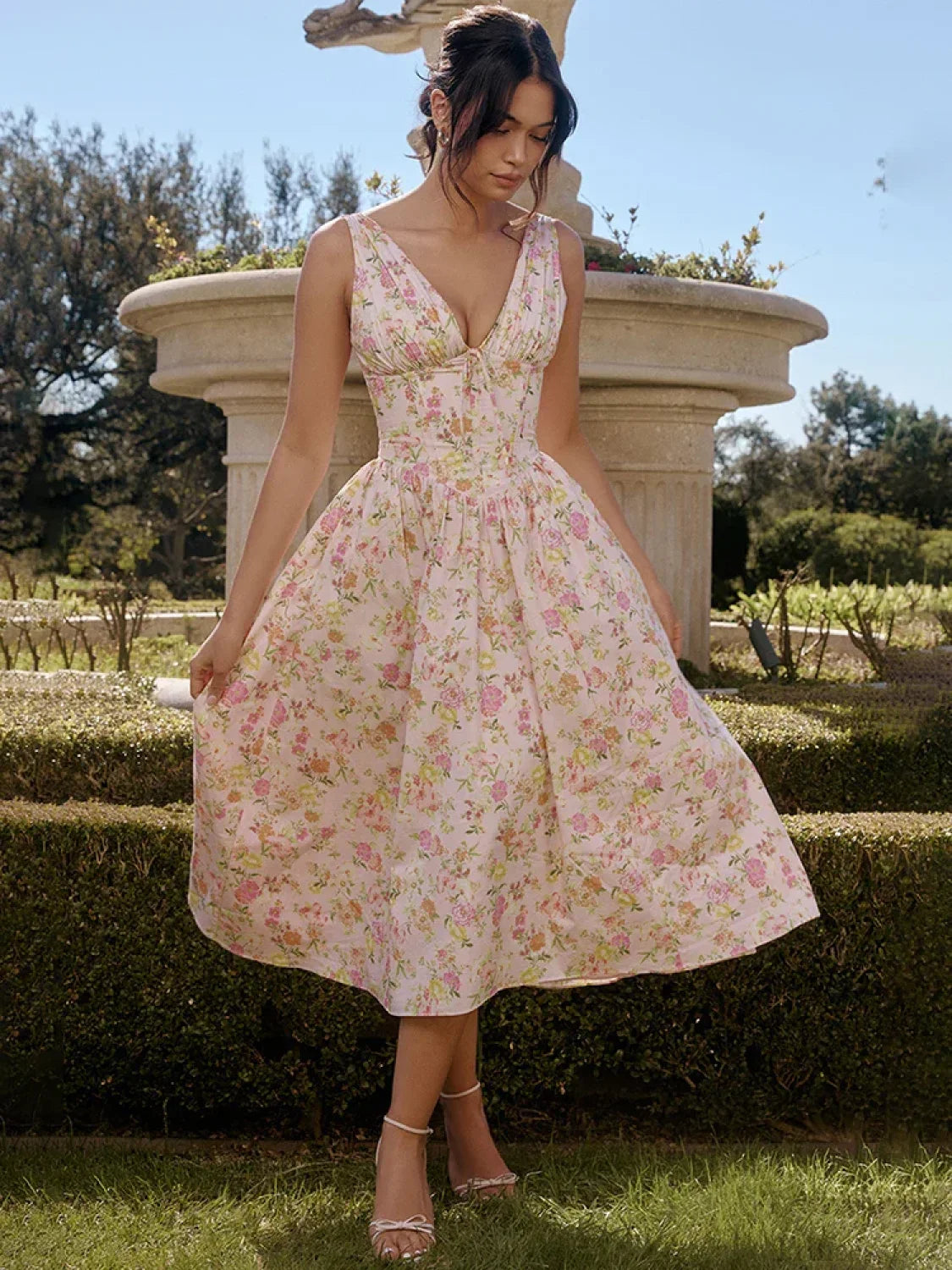 Waist Wrap Spaghetti Strap Print Floral Dress pink3 / S