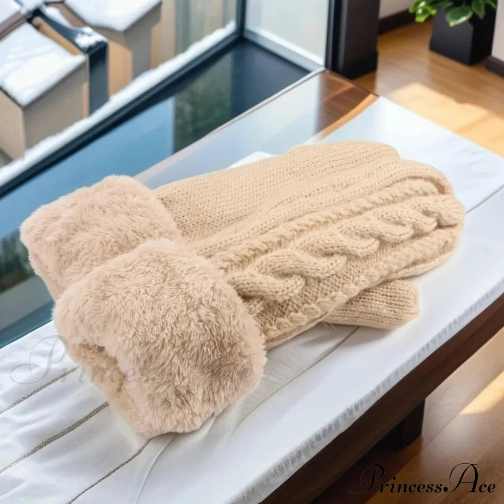 Warm Full Finger Thickened Winter Knitted Fleece Christmas Gloves For Men And Women Beige Gloves-L