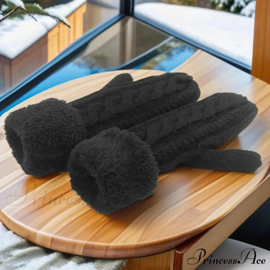 Warm Full Finger Thickened Winter Knitted Fleece Christmas Gloves For Men And Women Black Gloves-L