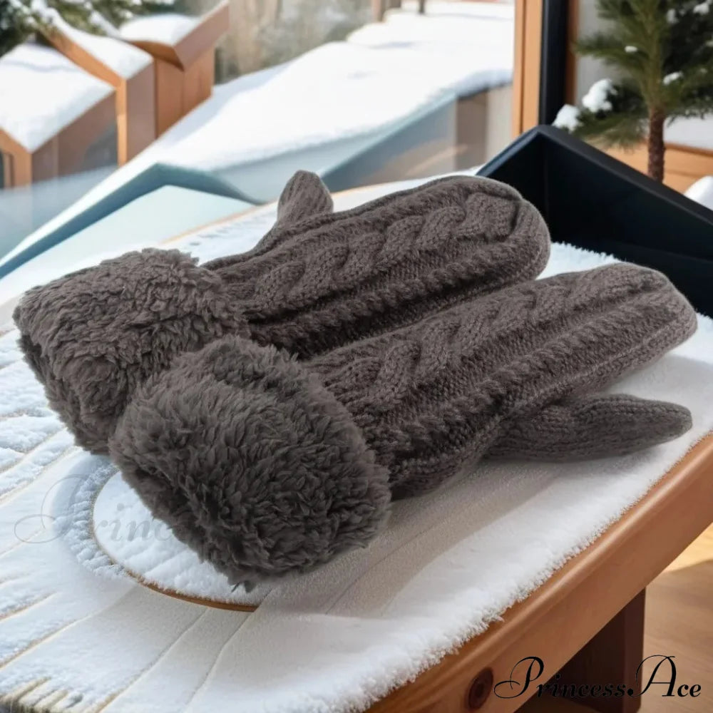 Warm Full Finger Thickened Winter Knitted Fleece Christmas Gloves For Men And Women Dark Gray