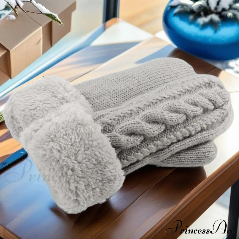 Warm Full Finger Thickened Winter Knitted Fleece Christmas Gloves For Men And Women Gray Gloves-L