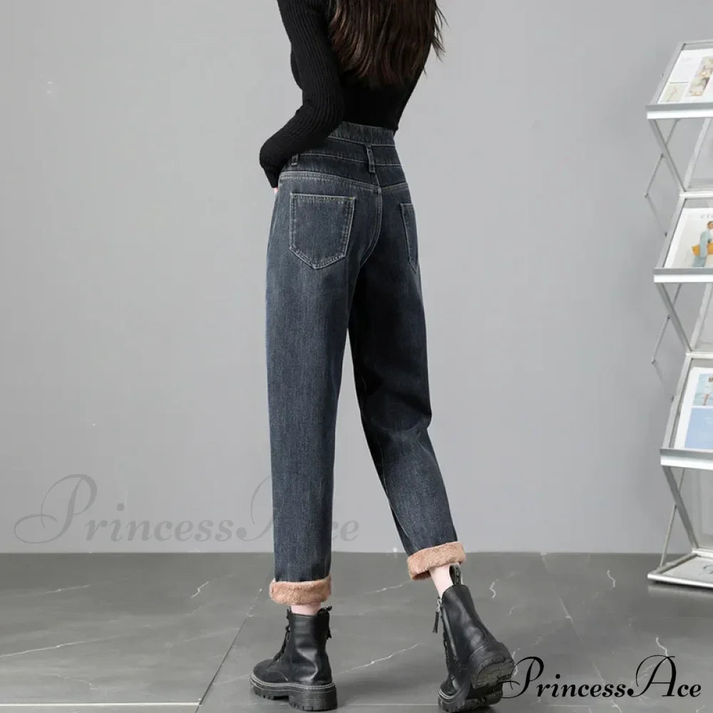 Warm Harem Thicken High Waist Vintage Loose Wide-Leg Fleece Denim Jean