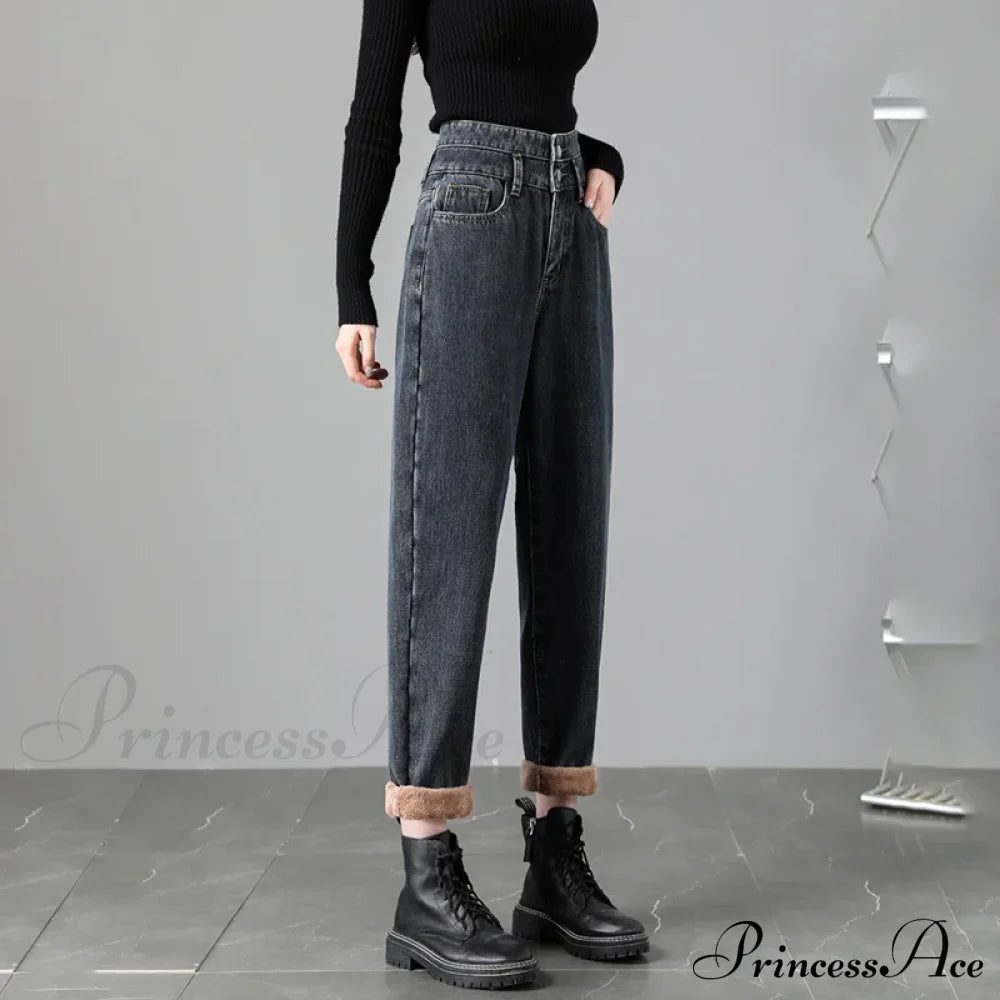 Warm Harem Thicken High Waist Vintage Loose Wide-Leg Fleece Denim Jean Blue Grey / Xs