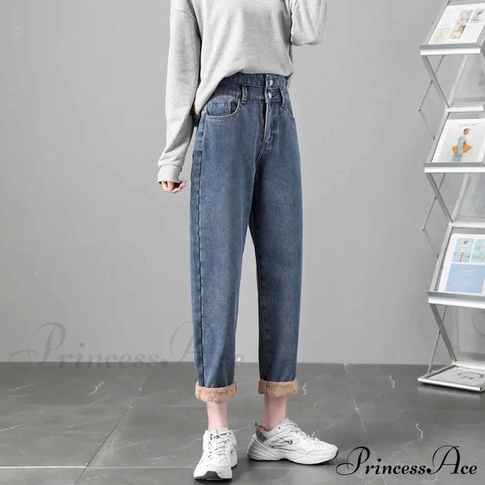 Warm Harem Thicken High Waist Vintage Loose Wide-Leg Fleece Denim Jean Blue / Xs