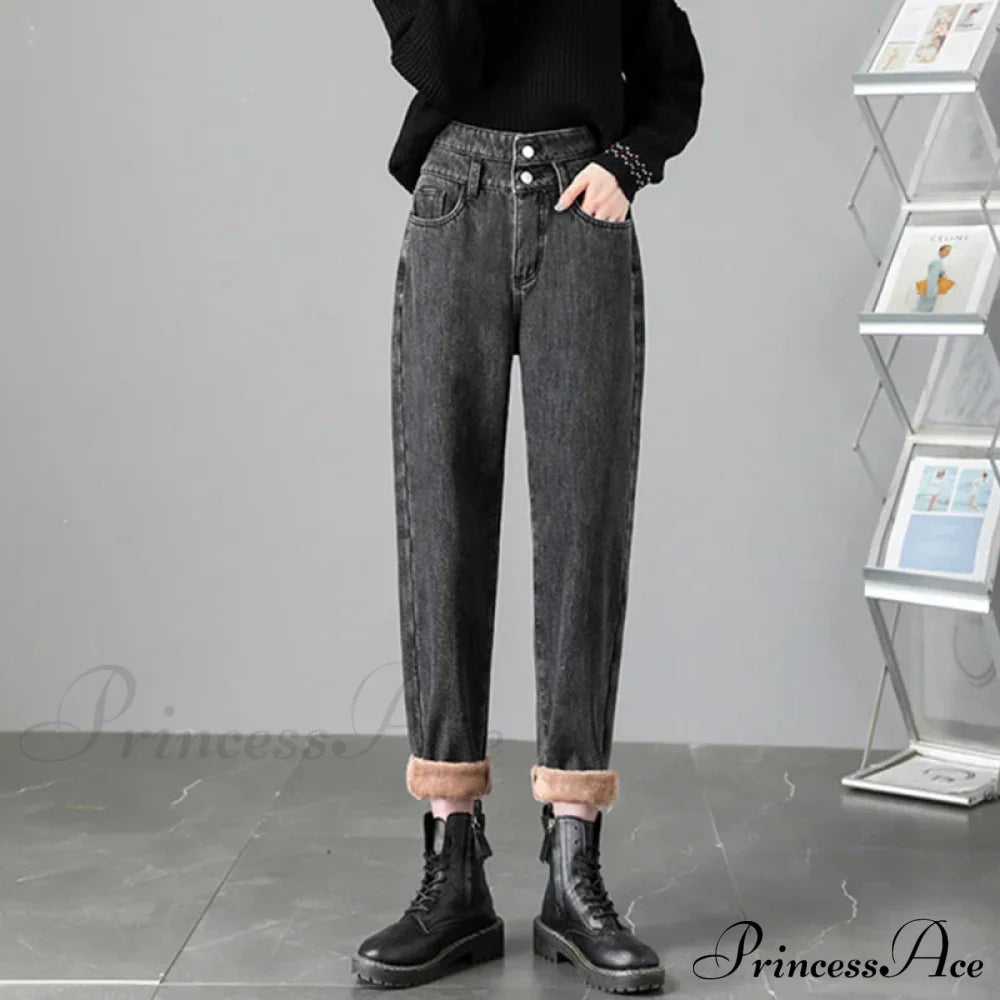 Warm Harem Thicken High Waist Vintage Loose Wide-Leg Fleece Denim Jean Grey / Xs