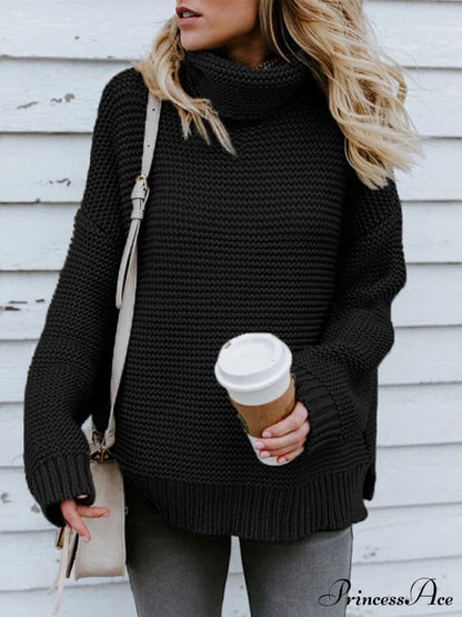 Warm Knitted Oversized Turtleneck Sweater Black / S Sweaters-L