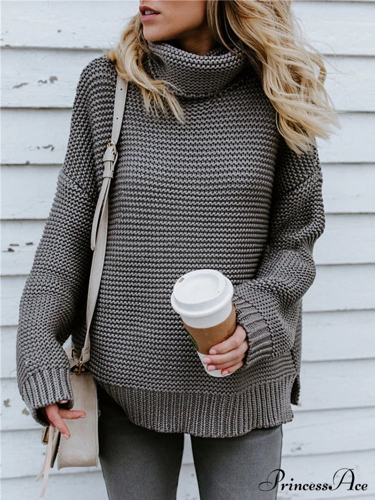 Warm Knitted Oversized Turtleneck Sweater Gray / S Sweaters-L