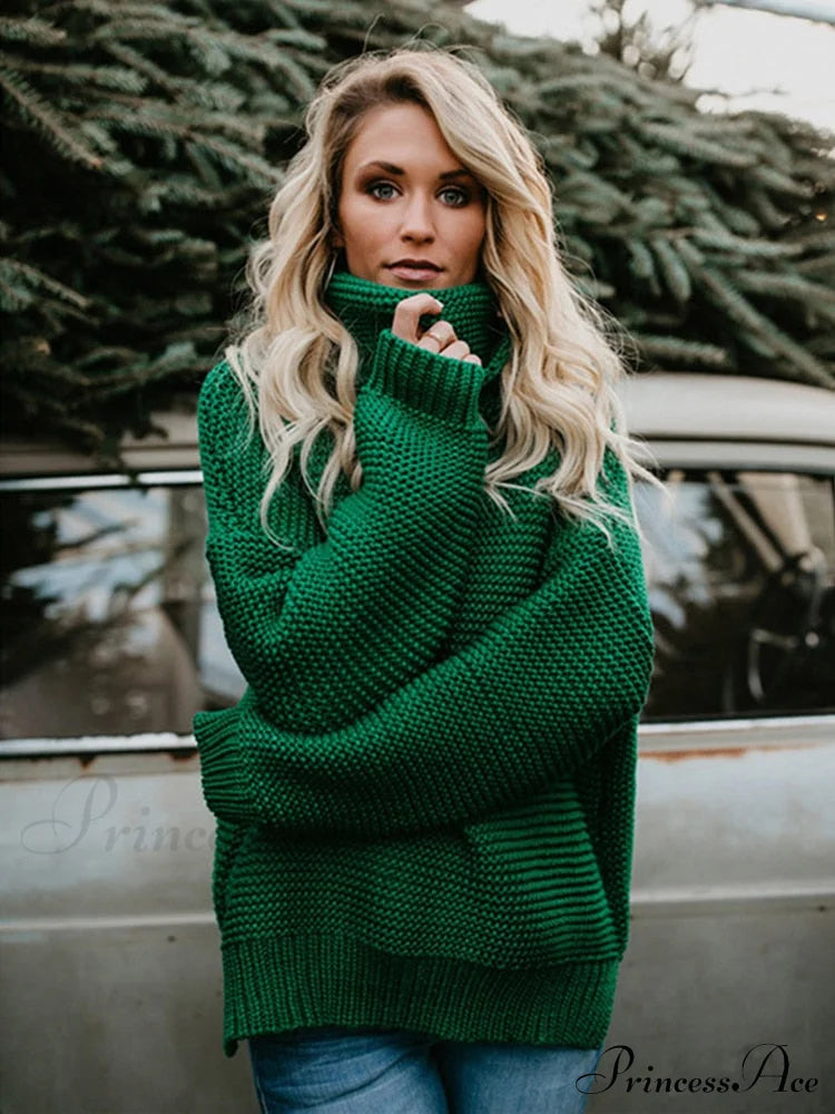 Warm Knitted Oversized Turtleneck Sweater Green / S Sweaters-L