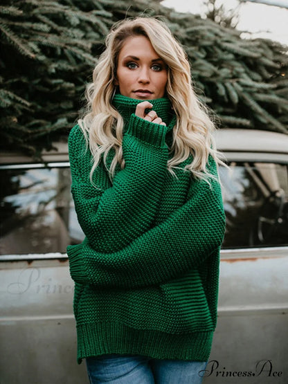 Warm Knitted Oversized Turtleneck Sweater Green / S Sweaters-L