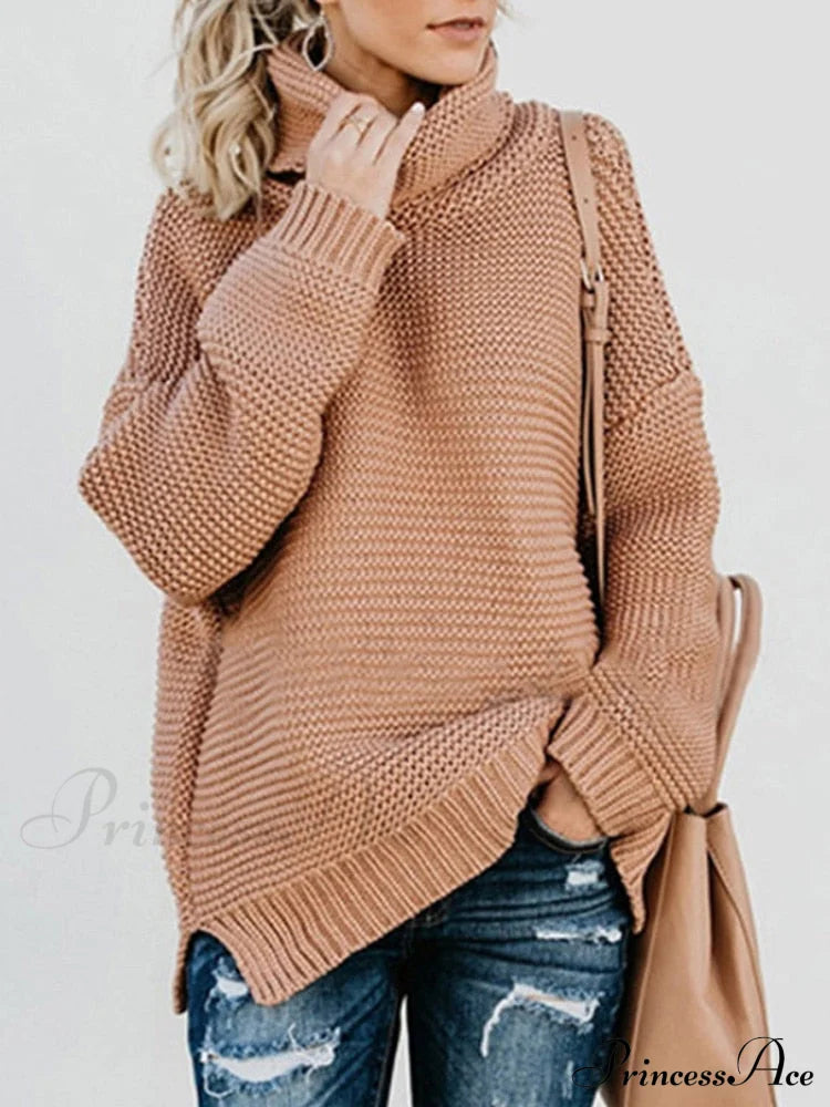 Warm Knitted Oversized Turtleneck Sweater Khaki / S Sweaters-L