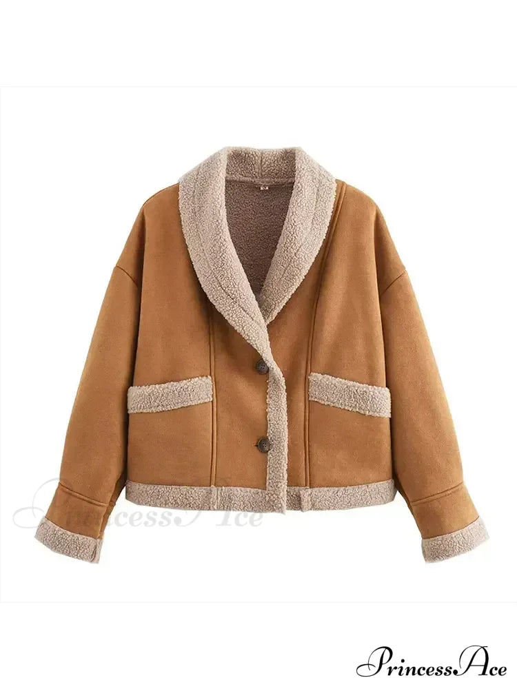 Warm Lamb Wool Casual Lapel Single-Breasted Thickened Pocket Winter Stylish Coat Khaki / S Coats-L