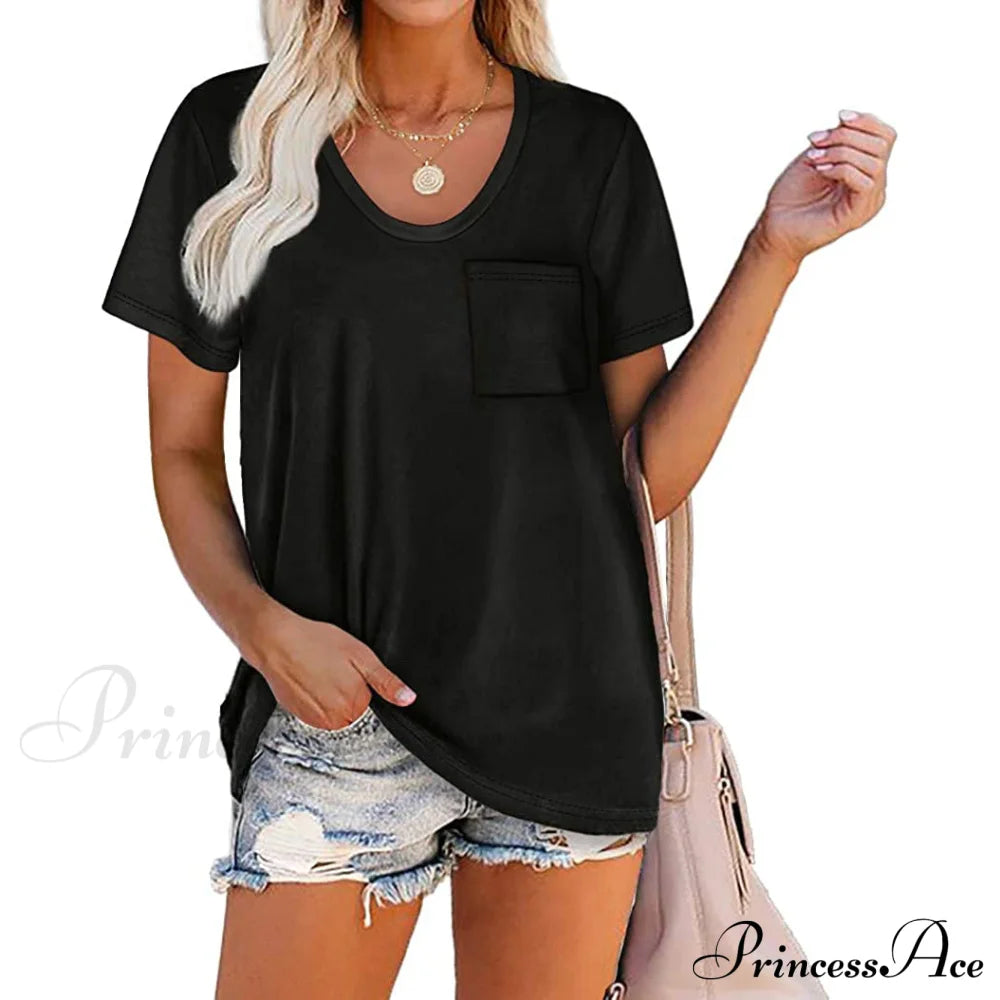 Women's Summer Short Sleeve Crew Neck Pocket Top Black __stock:200 clothes refund_fee:800 tops