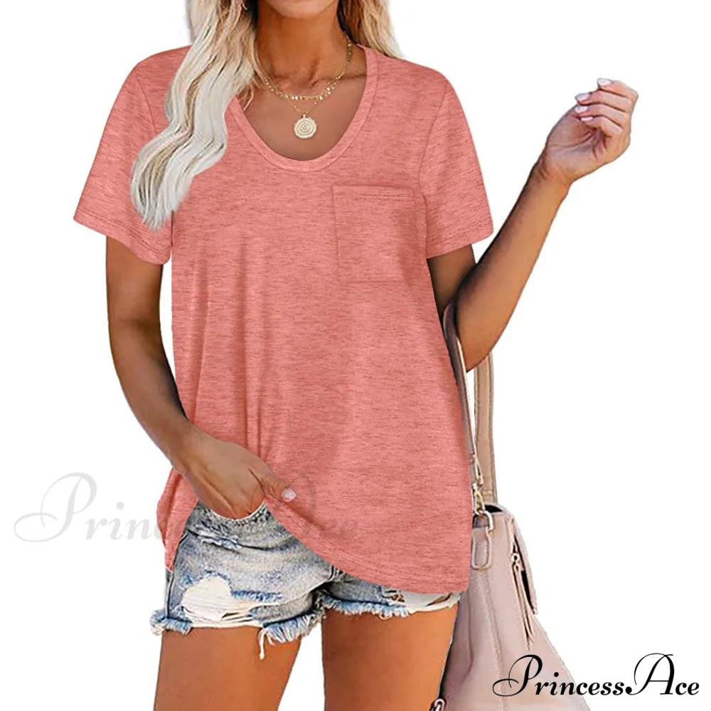 Women's Summer Short Sleeve Crew Neck Pocket Top Coral __stock:200 clothes refund_fee:800 tops