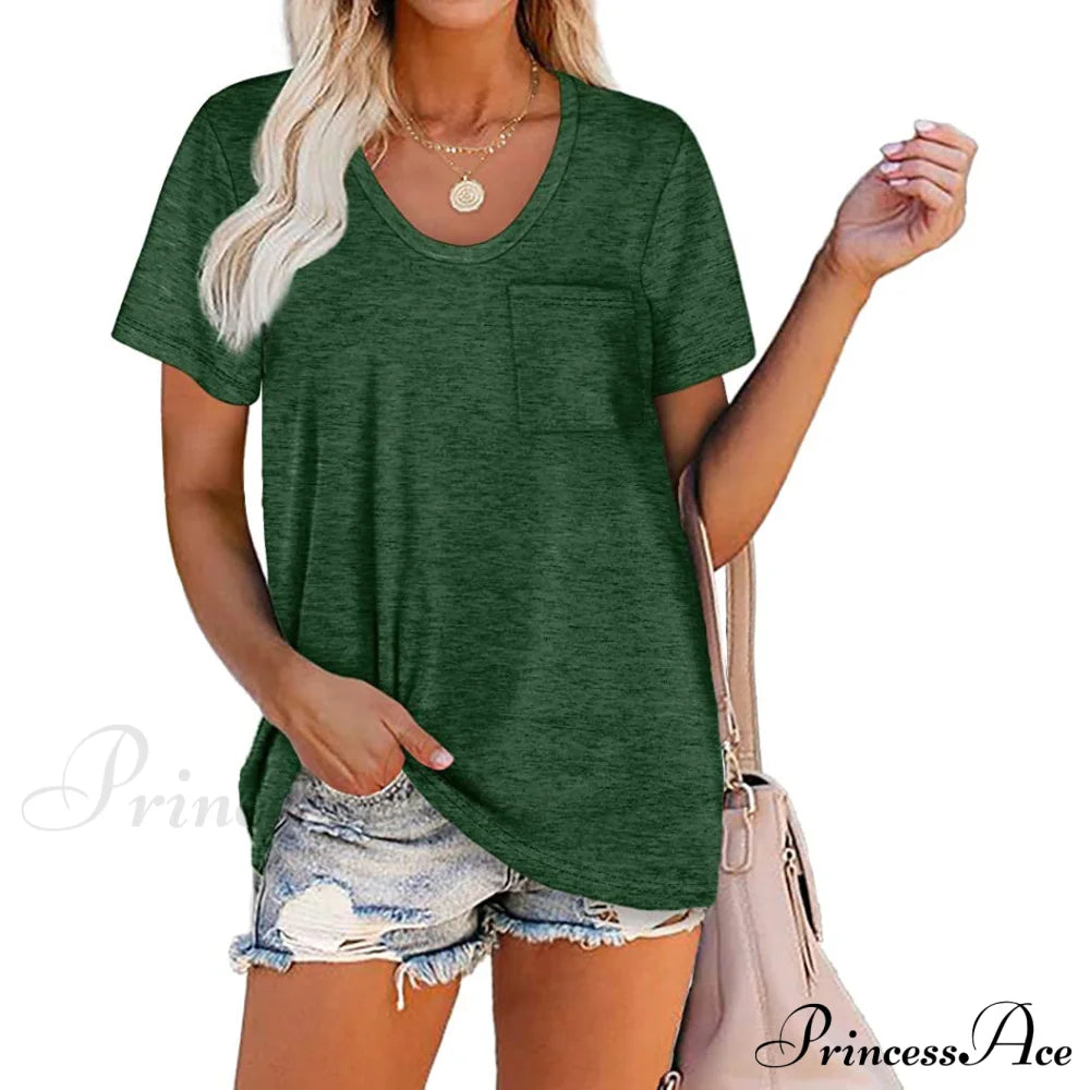 Women's Summer Short Sleeve Crew Neck Pocket Top Dark Green __stock:200 clothes refund_fee:800 tops