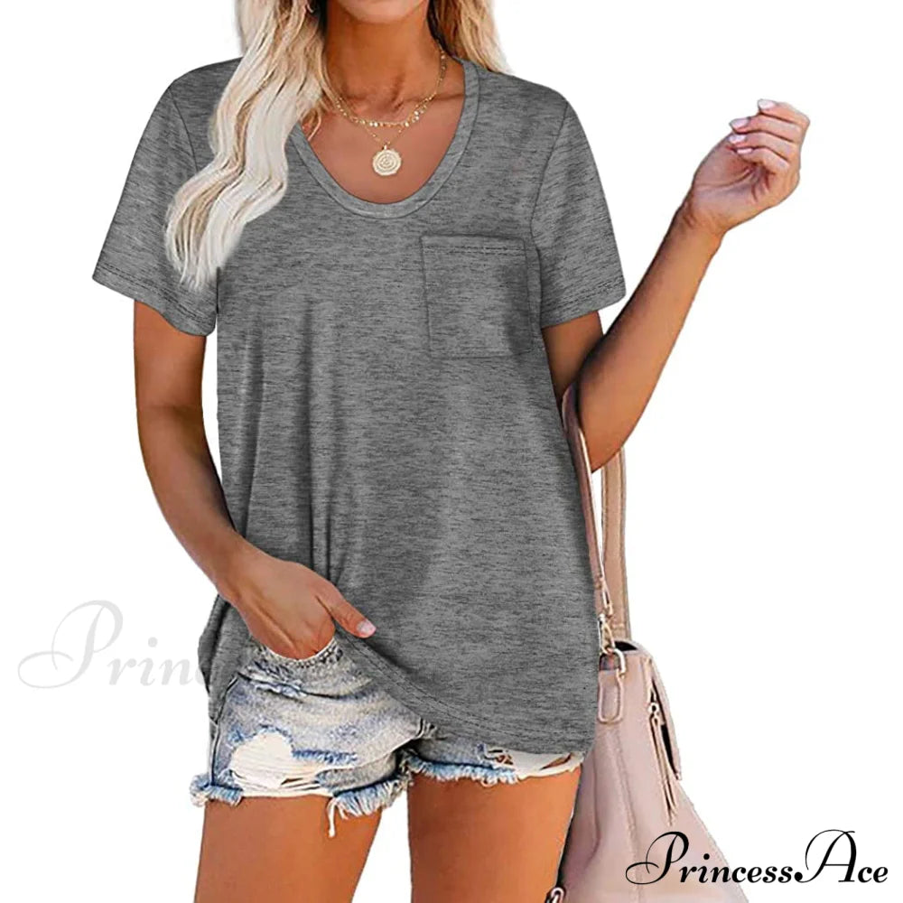 Women's Summer Short Sleeve Crew Neck Pocket Top Gray __stock:200 clothes refund_fee:800 tops