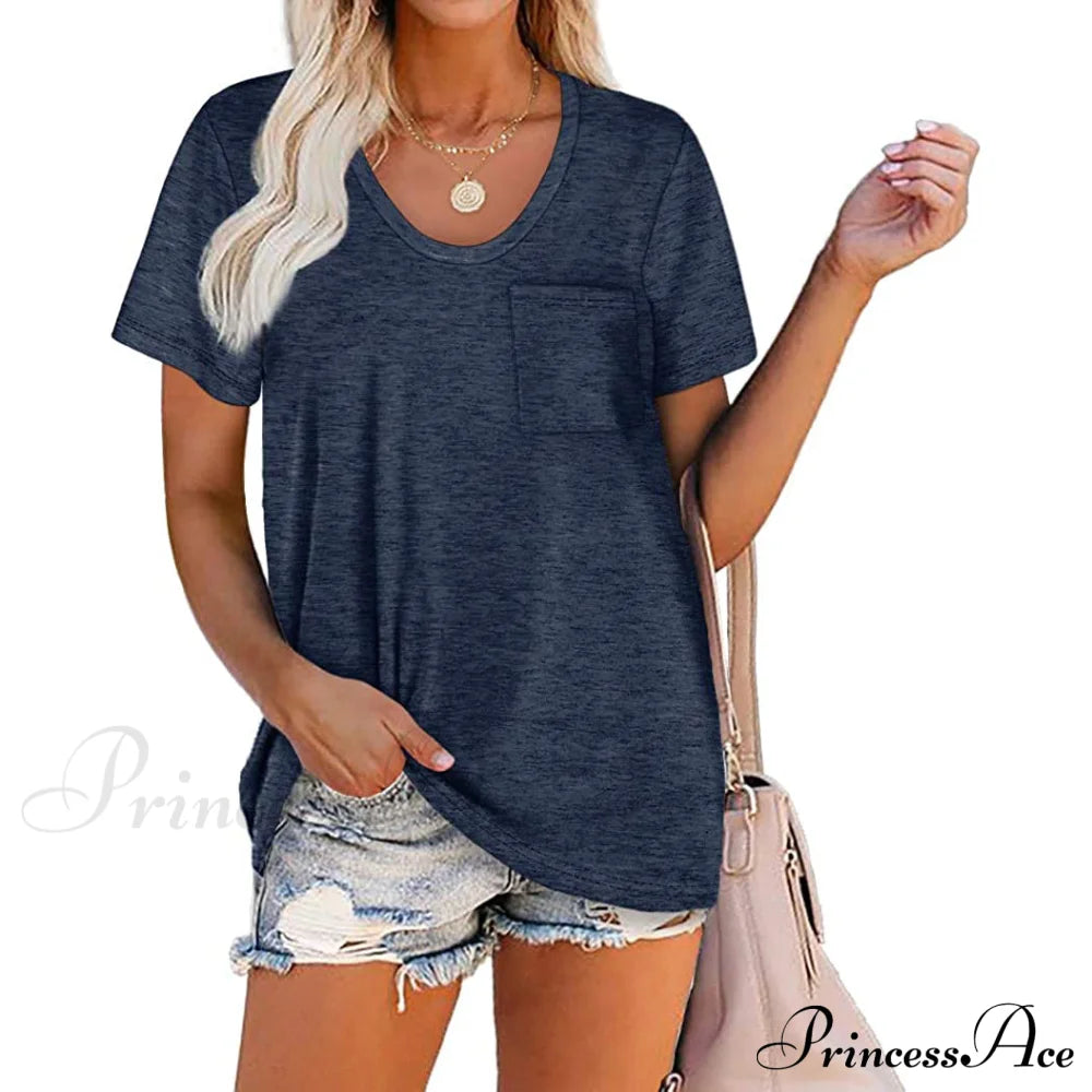 Women's Summer Short Sleeve Crew Neck Pocket Top Navy __stock:200 clothes refund_fee:800 tops