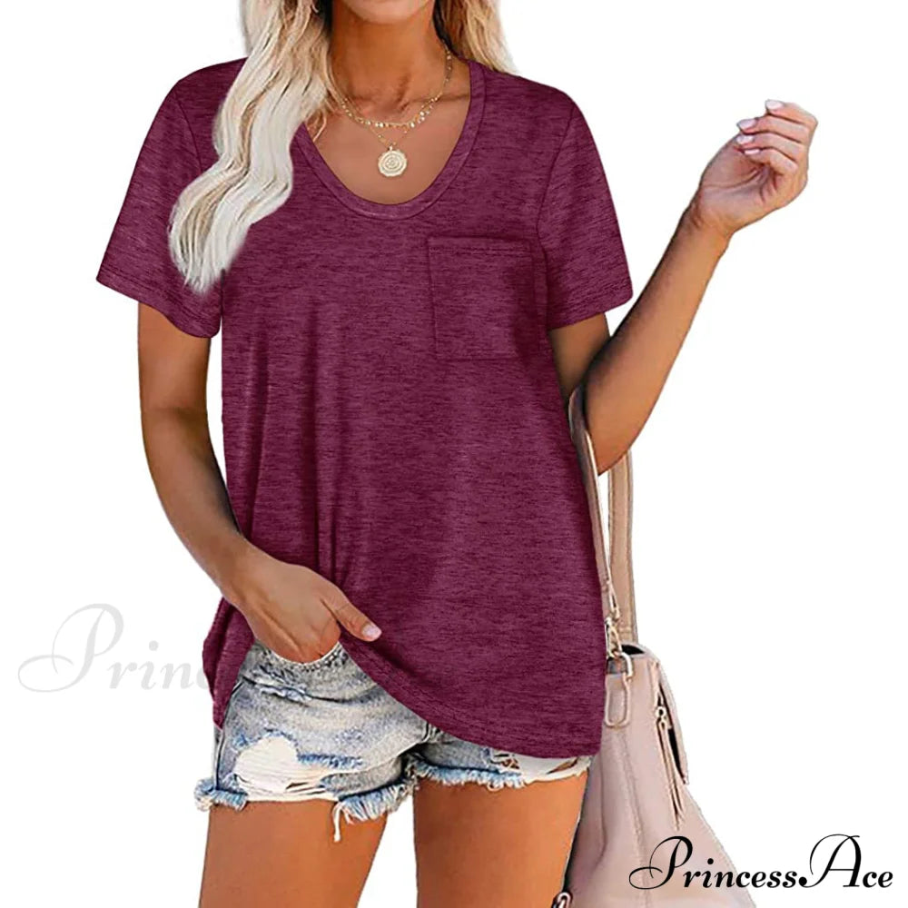 Women's Summer Short Sleeve Crew Neck Pocket Top Plum __stock:200 clothes refund_fee:800 tops