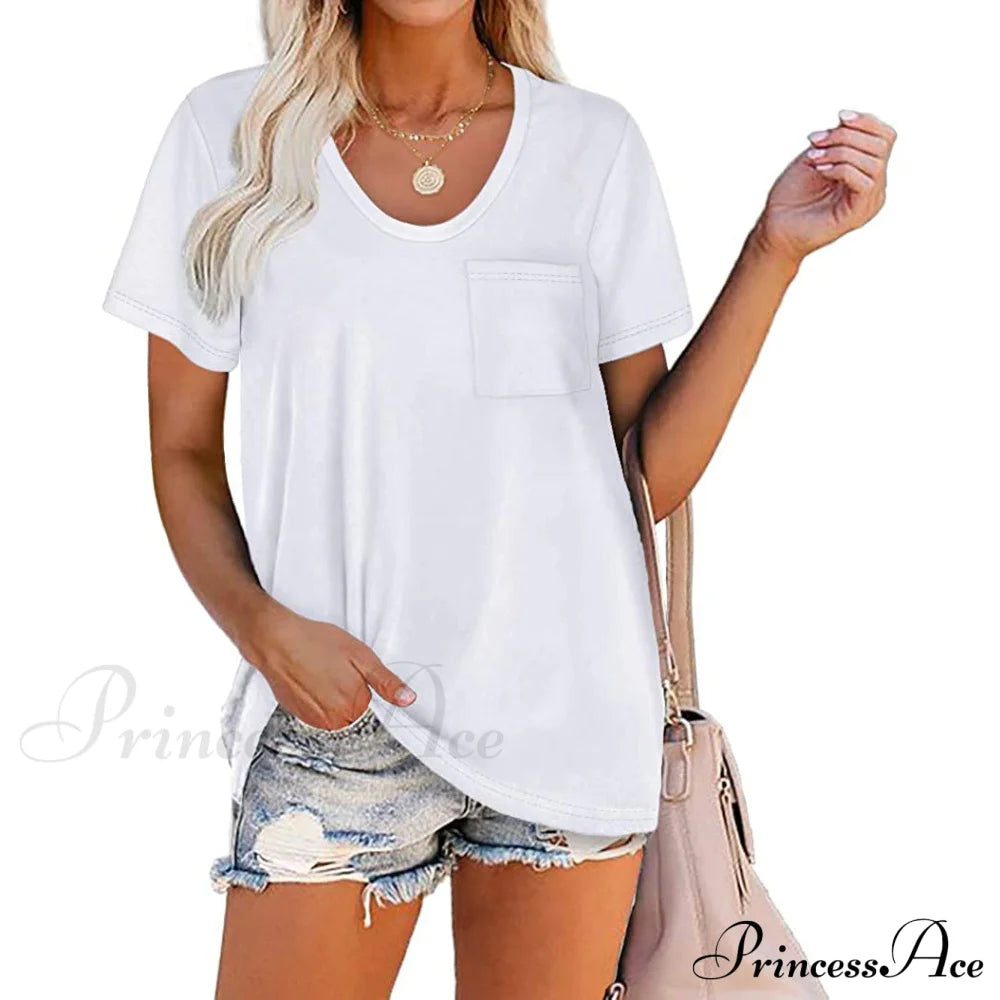 Women's Summer Short Sleeve Crew Neck Pocket Top White __stock:200 clothes refund_fee:800 tops