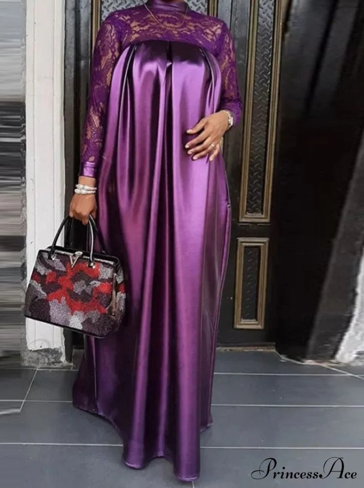 Warm-Season Long Gown Women’s Party And With Full-Length Kaftan Lace Patchwork Neck Sleeves