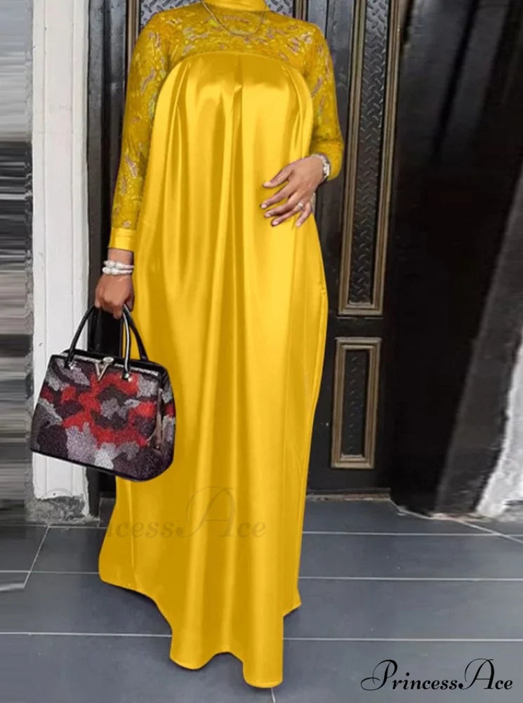 Warm-Season Long Gown Women’s Party And With Full-Length Kaftan Lace Patchwork Neck Sleeves