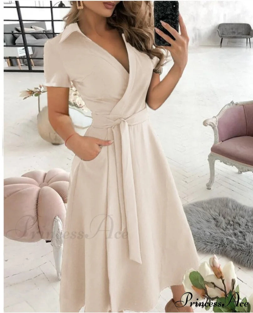 Warm-Season Retro Short-Sleeved V-Neck Gown Party Spring Patterned Fashion Belt Khaki / S
